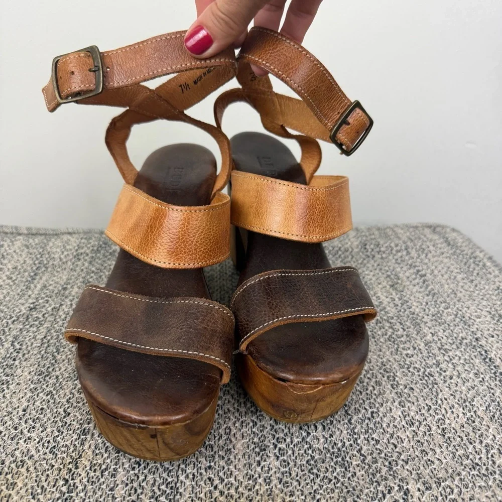 BED STU Sophie Brown Tan Leather Wood Platform Sandals 7.5